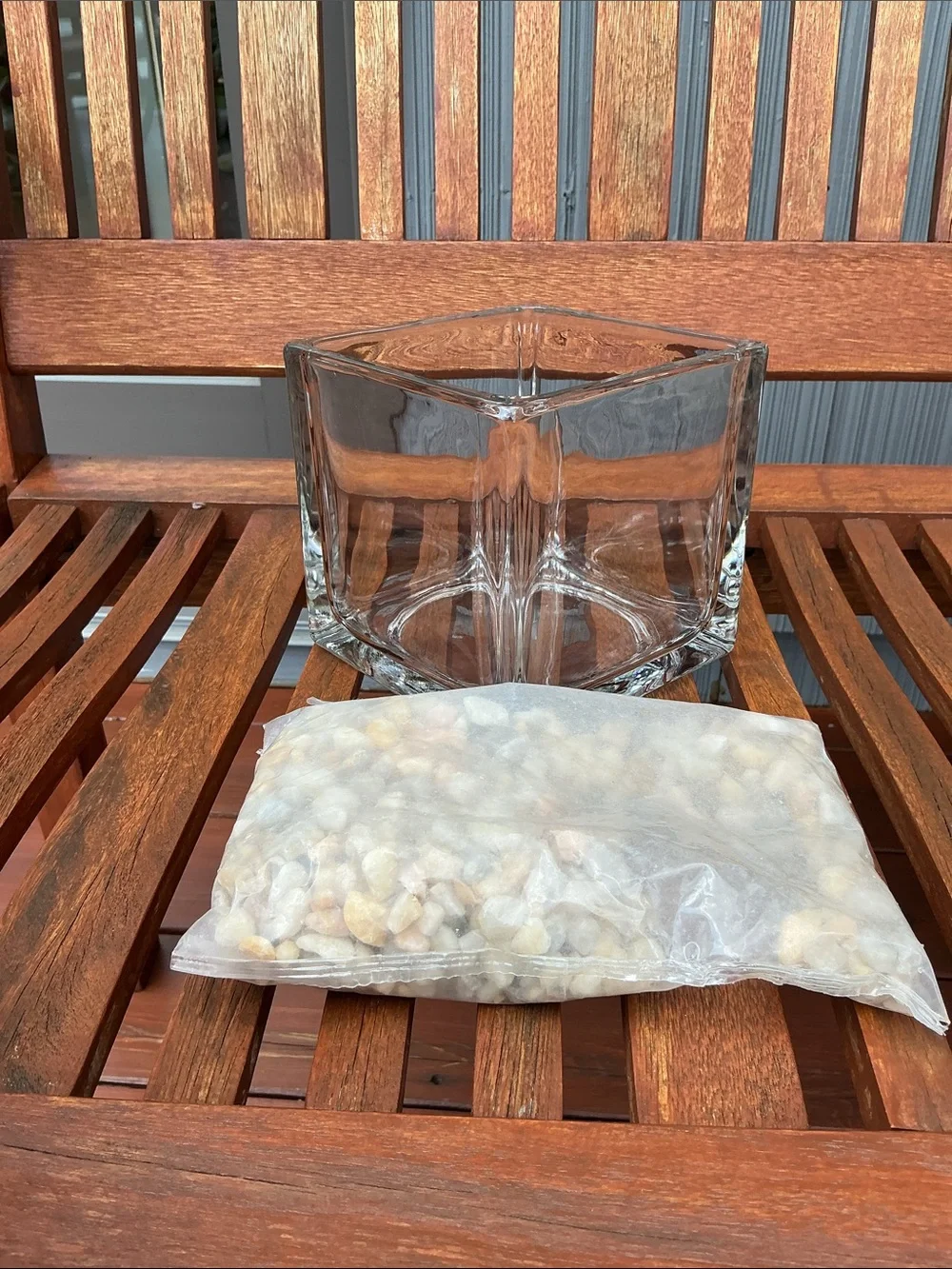 Clear Square Glass Vase with Decorative Pebbles. New